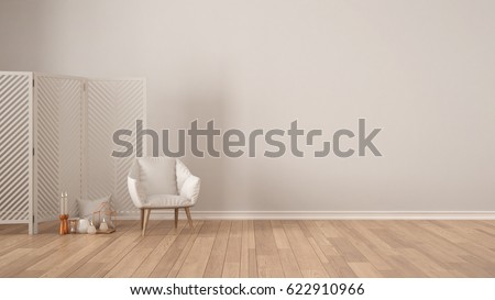 Scandinavian minimalist white background with armchair, screen, candles and decor on parquet flooring, living room interior design, 3d illustration