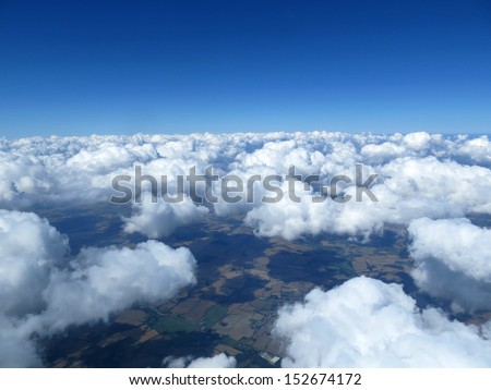 Blue sky with clouds, taken from the air. Aerial shot of cumulus clouds. Earth Day. Abstract. Background.