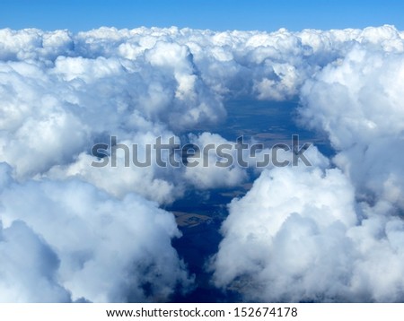 Blue sky with clouds, taken from the air. Aerial shot of cumulus clouds. Earth Day. Abstract. Power. Background.