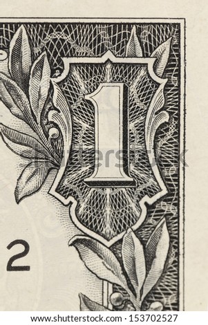 Digit One from dollar banknote close-up