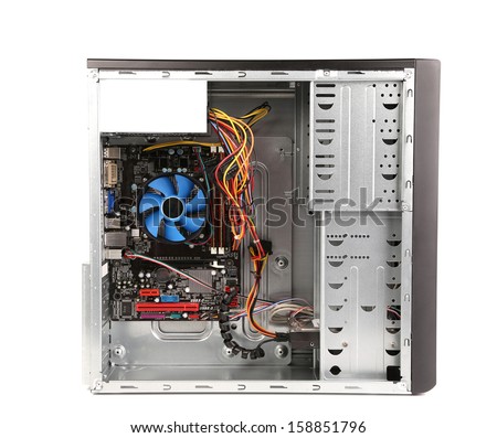Open PC computer case. Isolated on a white background