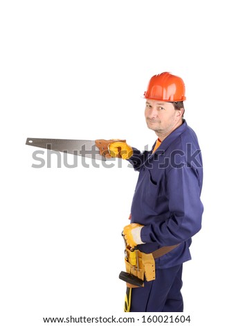 Worker in hard hat holding saw. Isolated on a white background.