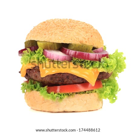 Close up of tasty hamburger Isolated on a white background Close up of tasty hamburger Isolated on a white background