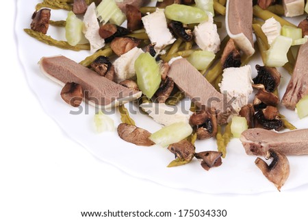 Meat salad with mushrooms. Close up. Whole background.