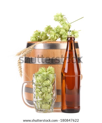 Barrel and bottle of beer with hop. Isolated on a white background.