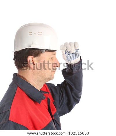 Worker in white hard hat. Isolated on a white background.