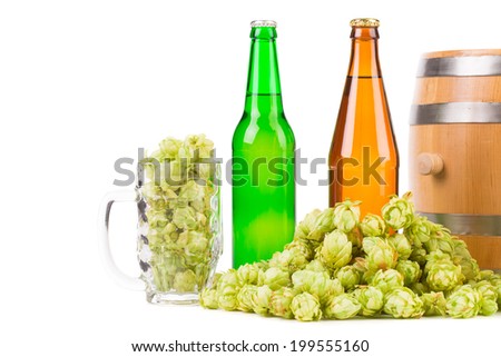 Beer barrel with beer glasses and hop isolated on white