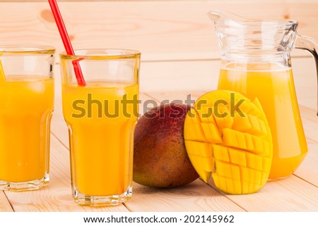 mango juice with mango in the closeup on wooden background