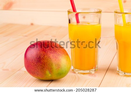 Mango juice with mango in the closeup. Whole background.