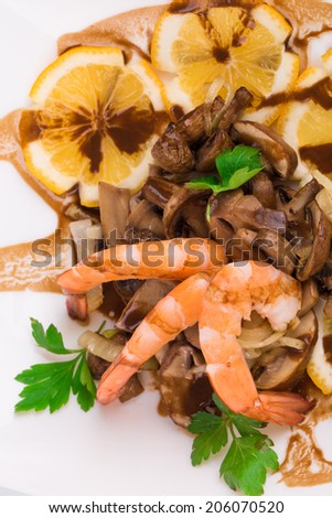 Shrimp salad with mushrooms. Close up. Whole background.