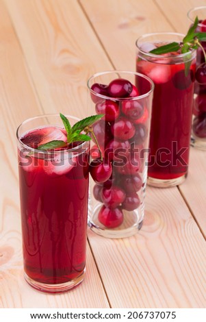 cherry juice with cherries isolated on a wooden background