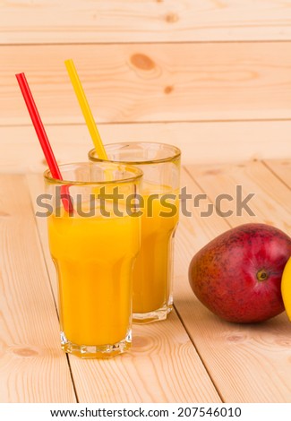 Mango juice with mango in the closeup. Whole background.