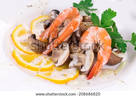 Shrimp salad with mushrooms. Close up. Whole background.