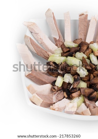 Delicious salad with beef tongue in the closeup isolated as haute cuisine