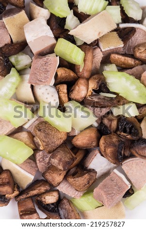 Delicious salad with beef tongue as haute cuisine in the closeup isolated