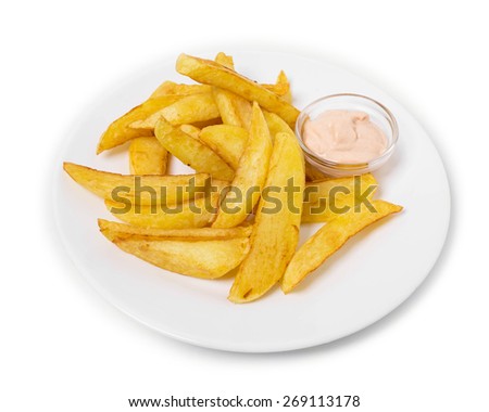 Delicious potato wedges with sauce. Fast food. Isolated on a white background.
