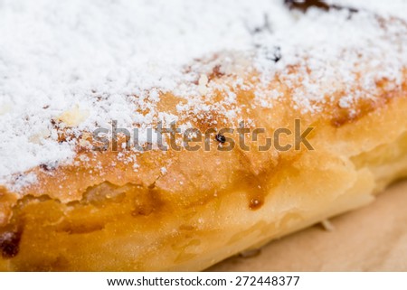 Delicious puff cake with sugar powder and raisins. Macro. Can be used as a whole background.