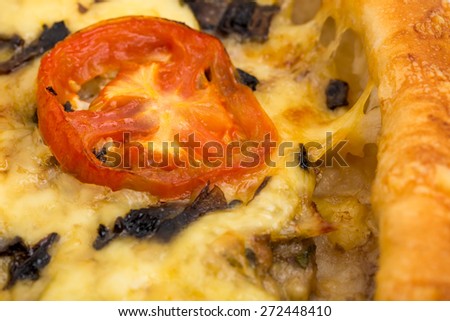 Slice of delicious american pizza with mushrooms and tomatoes. Can be used as a whole background.