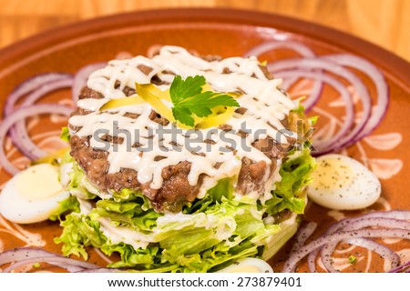 Beef steak tartare with white sauce and garnish. Macro. Can be used as a whole background.