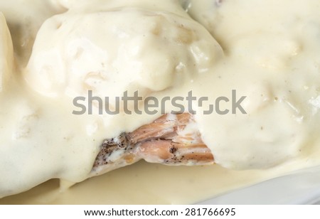 Delicious duck meat with potato dumplings. Macro. Photo can be used as a whole background.