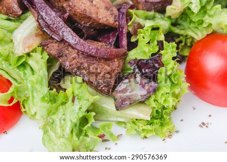 Grilled veal shish kebab with red onions covered with soya sauce on fresh lettuce leaves and tomatoes cherry. Macro. Photo can be used as a whole background.