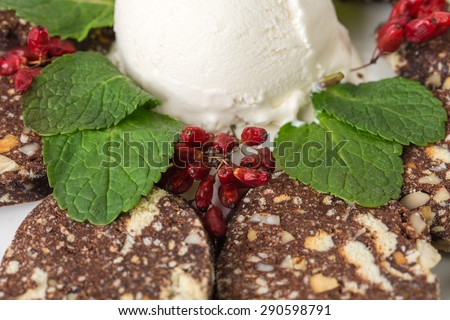 Sliced chocolate and biscuit cake with mint and vanilla ice cream scoop. Macro. Photo can be used as a whole background.