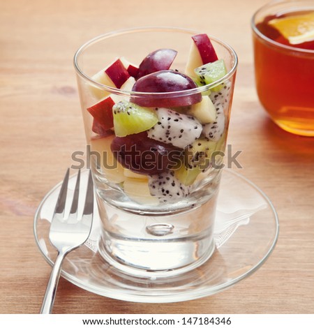 Exotic Fresh Fruit Salad with dragon fruit for dessert