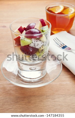 Exotic Fresh Fruit Salad with dragon fruit for dessert