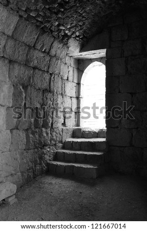Steps to the light. Nimrod Fortress, Israel. B&W