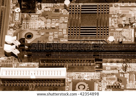Motherboard, processor and other electronic computer components close up