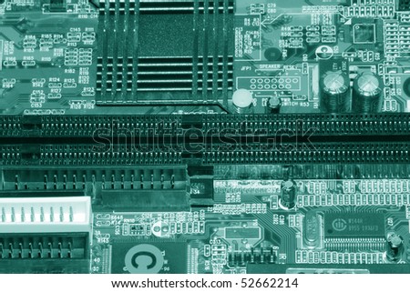 Motherboard, processor and other electronic computer components close up