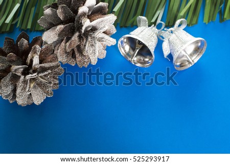 blue ?hristmas card pine cones silver bells decoration xmas background snow