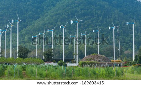 green meadow with Wind turbines generating electricity