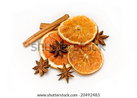 Cinnamon ,orange and anise isolated on white background
