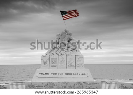 REVERE, MASSACHUSETTS - JULY 24:  National Sand Sculpting Festival On Revere Beach, July 24, 2014.   Intricate piece of art sculpted out of sand.   Thank you for your service.