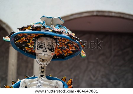 Mexican sculpture of a skeleton dressed as a high class lady. Part of the traditional \