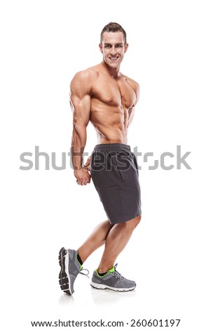 Strong Athletic Man Fitness Model Torso showing muscles isolated over white background