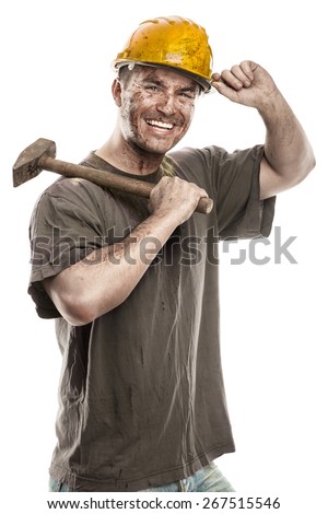Young dirty Worker Man With Hard Hat helmet \
holding a hammer isolated on White Background