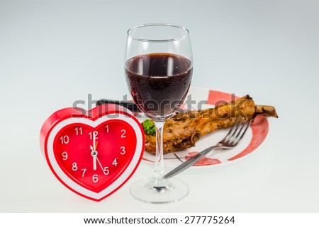 Heart Clock  with juicy grilled pork chop,Drink Wine for dinner time