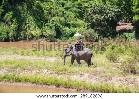 Chiangrai Thailand-June 22: tourist come visit and ride elephant sightseeing around Karen Elephant hill tribe village on June 22,2015 in,Chiangrai,Thailand. The amazing trip in Chiangrai
