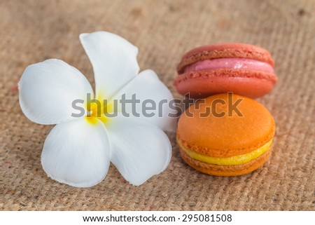 french macaroons or macaron and white flower on burlap sack, Dessert.