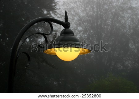 Burning street lamp on a misty raining evening