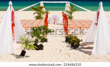 Wedding preparation on Mexican beach against a background of beautiful sea