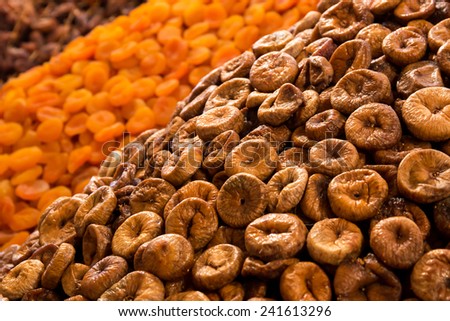 Dried fruits: figs and apricots at moroccan market in Marrakesh