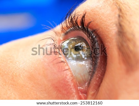 Closeup of woman eye with no makeup and long eyelash