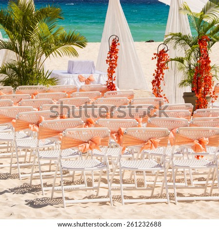Wedding preparation on Mexican beach against a background of beautiful sea