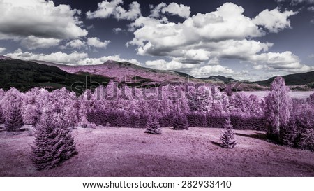 Infrared photo of forest and mountains landscape