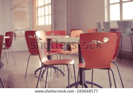 School cafeteria.High school canteen.Lunch room.Colorful bright cafe.