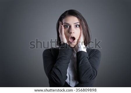 Excited woman looking surprised and amazed,speechless with mouth open.Young woman excited,overwhelmed,shocked, or terrified.Eureka moment concept.Shocked woman isolated on  background
