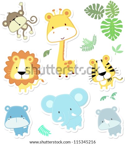 Vector Cartoon Illustration Of Seven Baby Animals And Jungle Leaves, Individual Objects Very Easy To Edit, Ideal For Childs Decoration